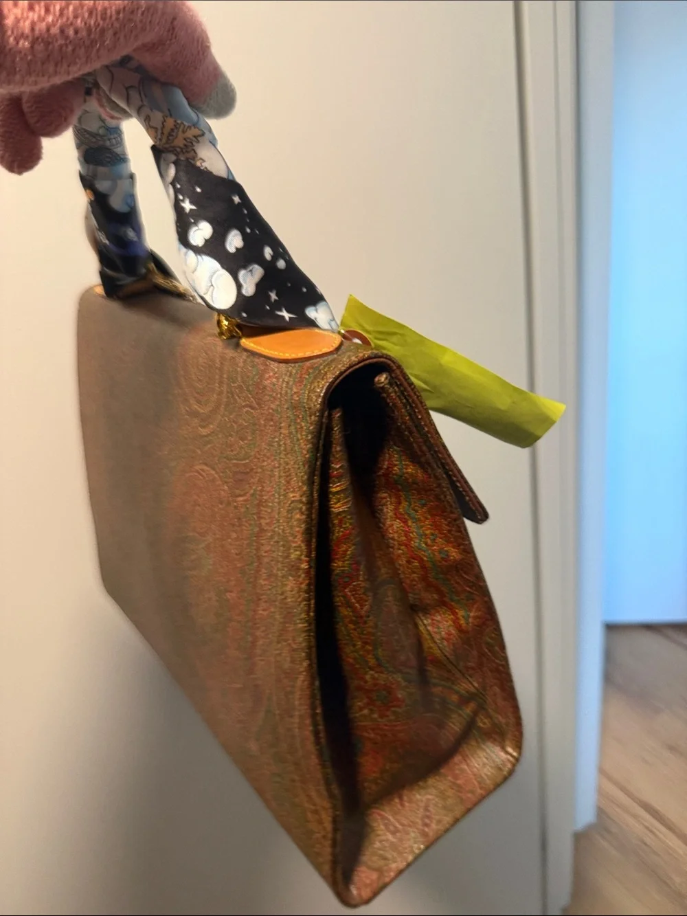 Etro Milano -Textured Brown Satchel with Scarf-Wrapped Handle and Gold Chain